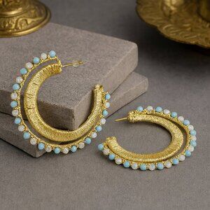 Indian Artisanal Boho Chic Trendy Yarn-Wrapped‎ C-Hoop Statement Earrings
